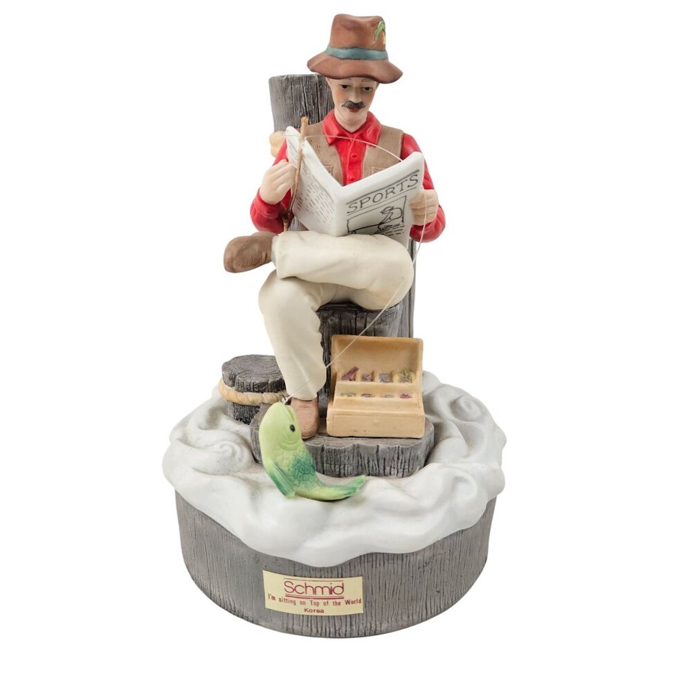 Schmid Music Box 1989 Im Sitting On Top Of The World Fisherman Figurine Korea